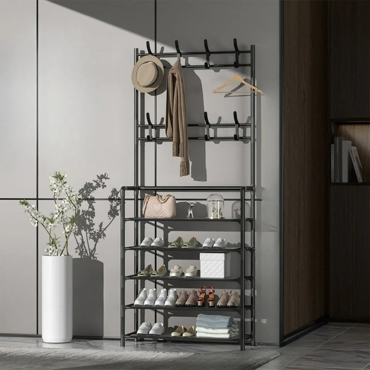 Shoe Storage Metal White Tall Coat Rack with Shelves Image - 14