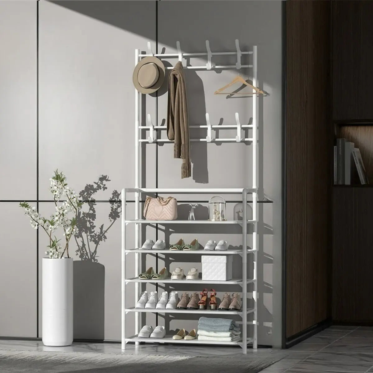 Shoe Storage Metal White Tall Coat Rack with Shelves Image - 15