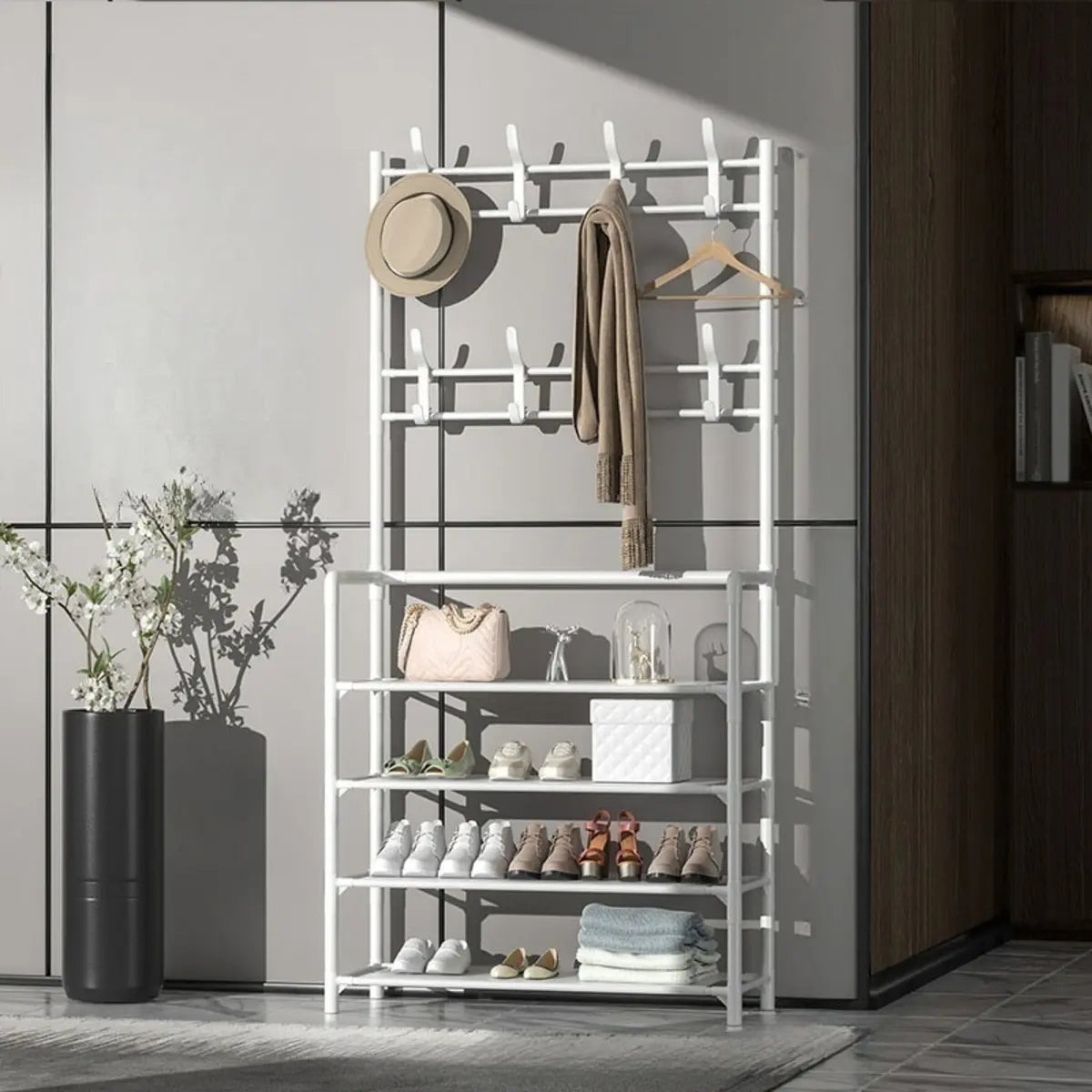 Shoe Storage Metal White Tall Coat Rack with Shelves Image - 16