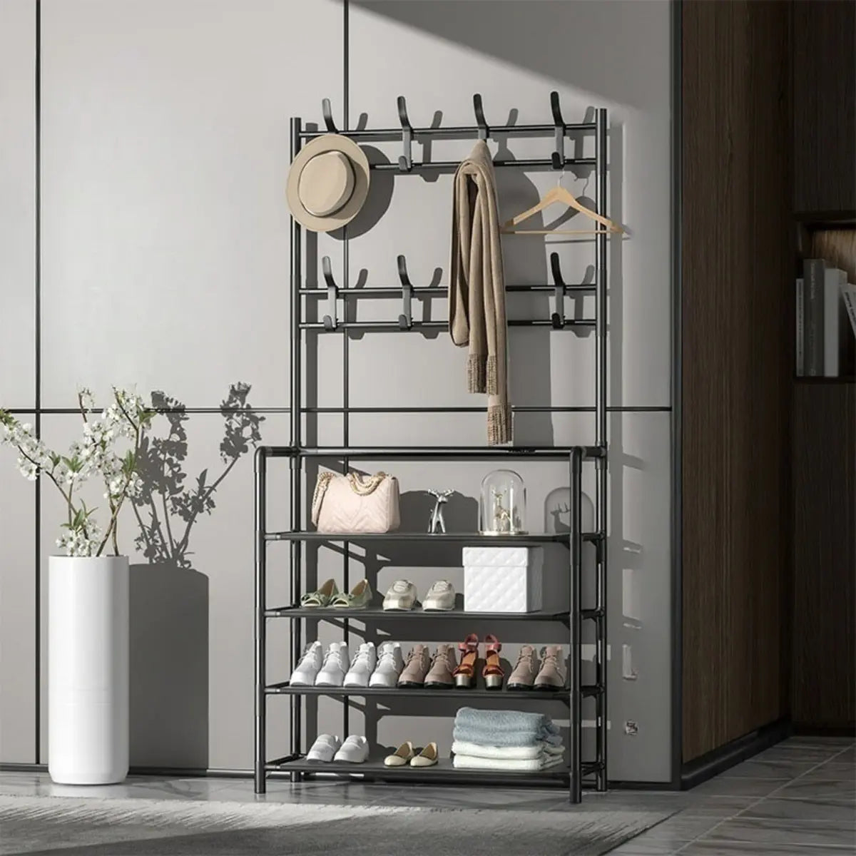 Shoe Storage Metal White Tall Coat Rack with Shelves Image - 2