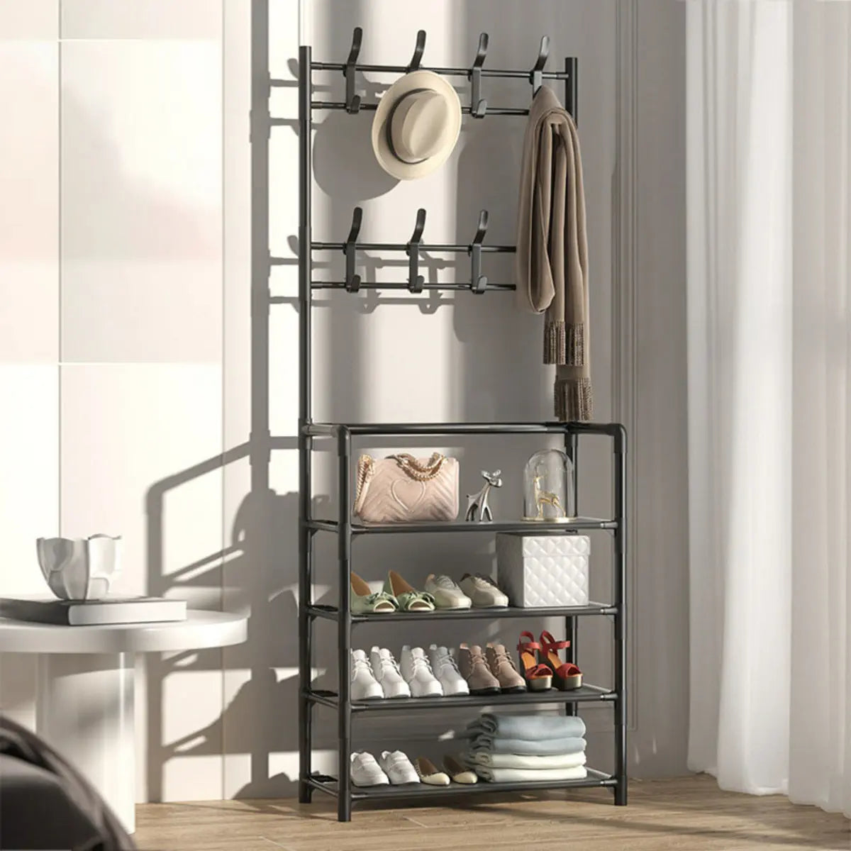 Shoe Storage Metal White Tall Coat Rack with Shelves Image - 3