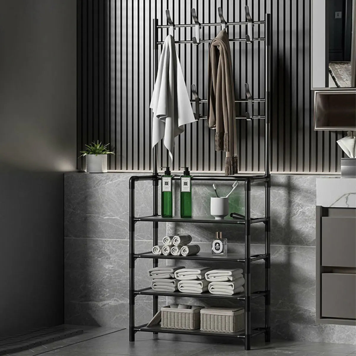 Shoe Storage Metal White Tall Coat Rack with Shelves Image - 4