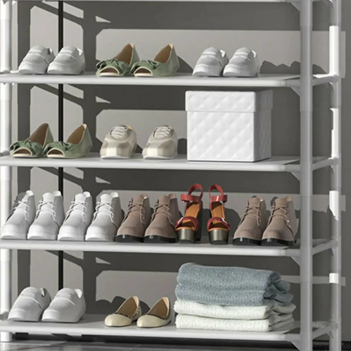 Shoe Storage Metal White Tall Coat Rack with Shelves Image - 5