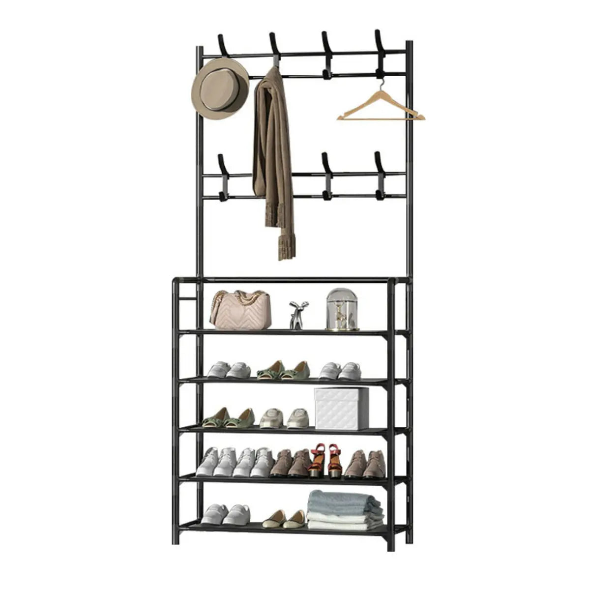 Shoe Storage Metal White Tall Coat Rack with Shelves Image - 6