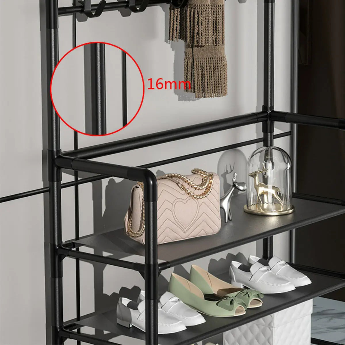 Shoe Storage Metal White Tall Coat Rack with Shelves Image - 7