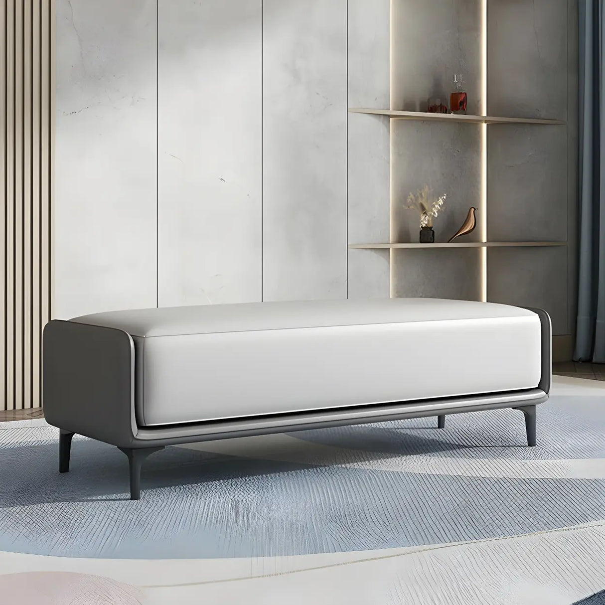 Short Grey Leather Upholstered Bedroom Bench with Legs Image - 11