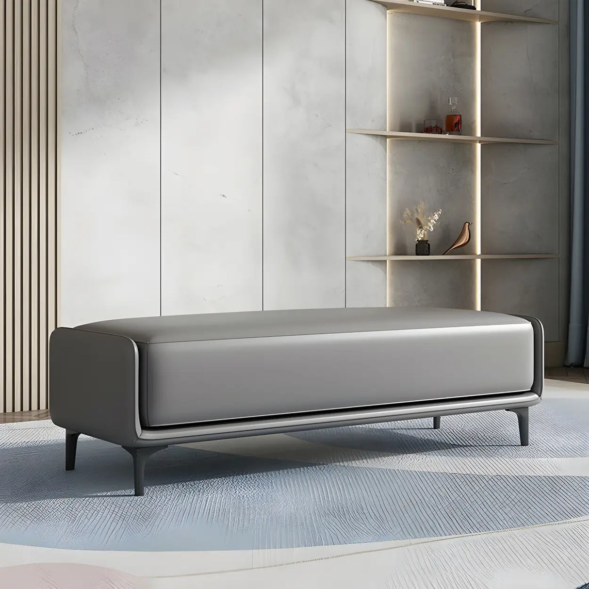Short Grey Leather Upholstered Bedroom Bench with Legs Image - 8