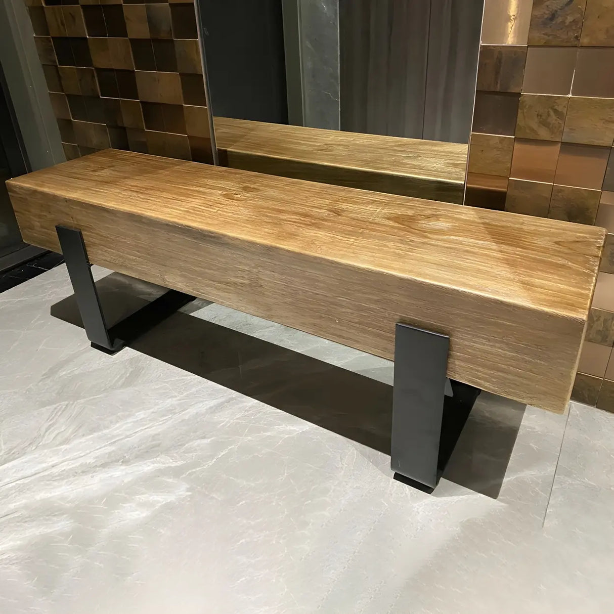 Short Height Pine Wood Dining Bench with Metal Legs Image - 11