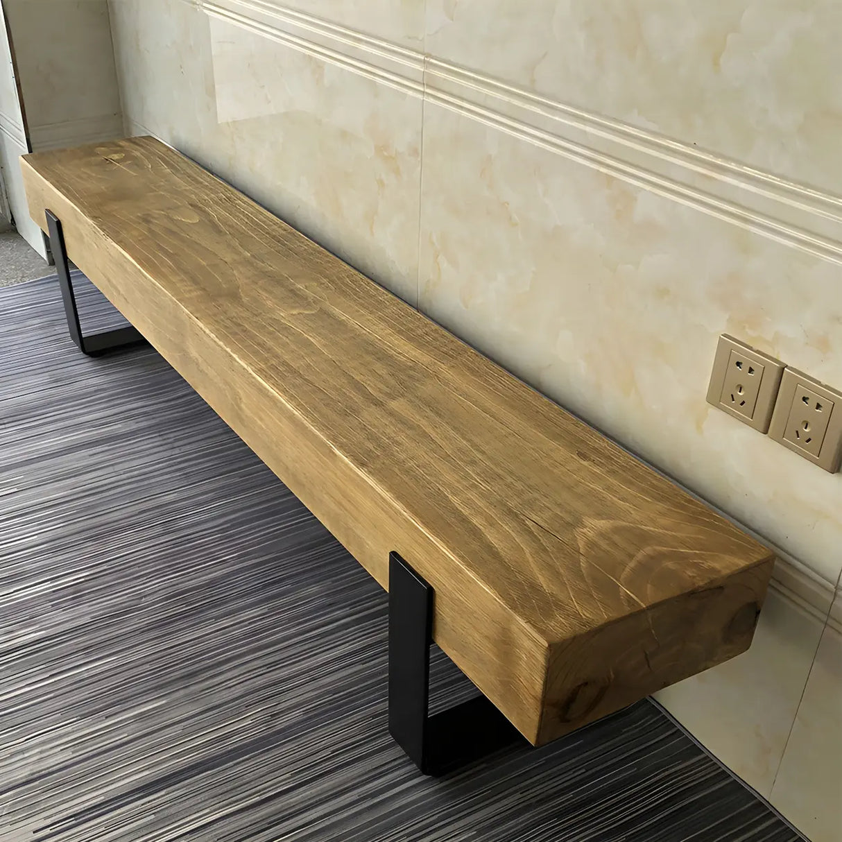 Short Height Pine Wood Dining Bench with Metal Legs Image - 12