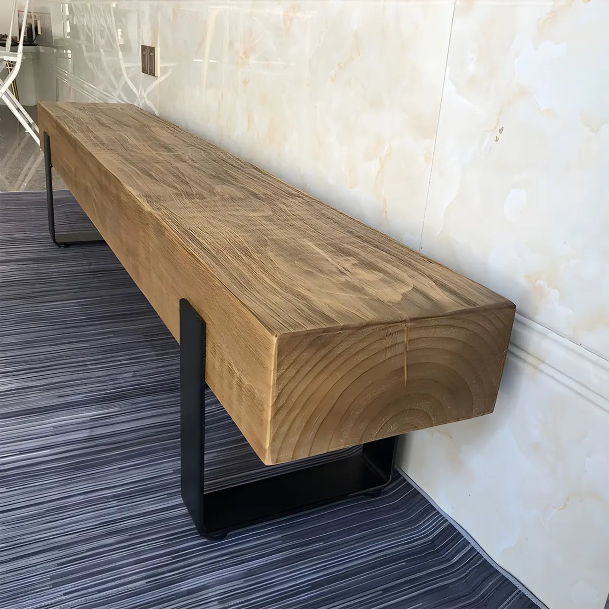 Short Height Pine Wood Dining Bench with Metal Legs Image - 13