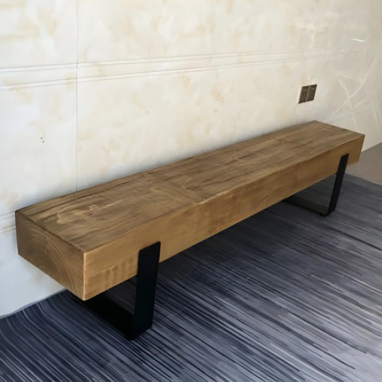 Short Height Pine Wood Dining Bench with Metal Legs Image - 14