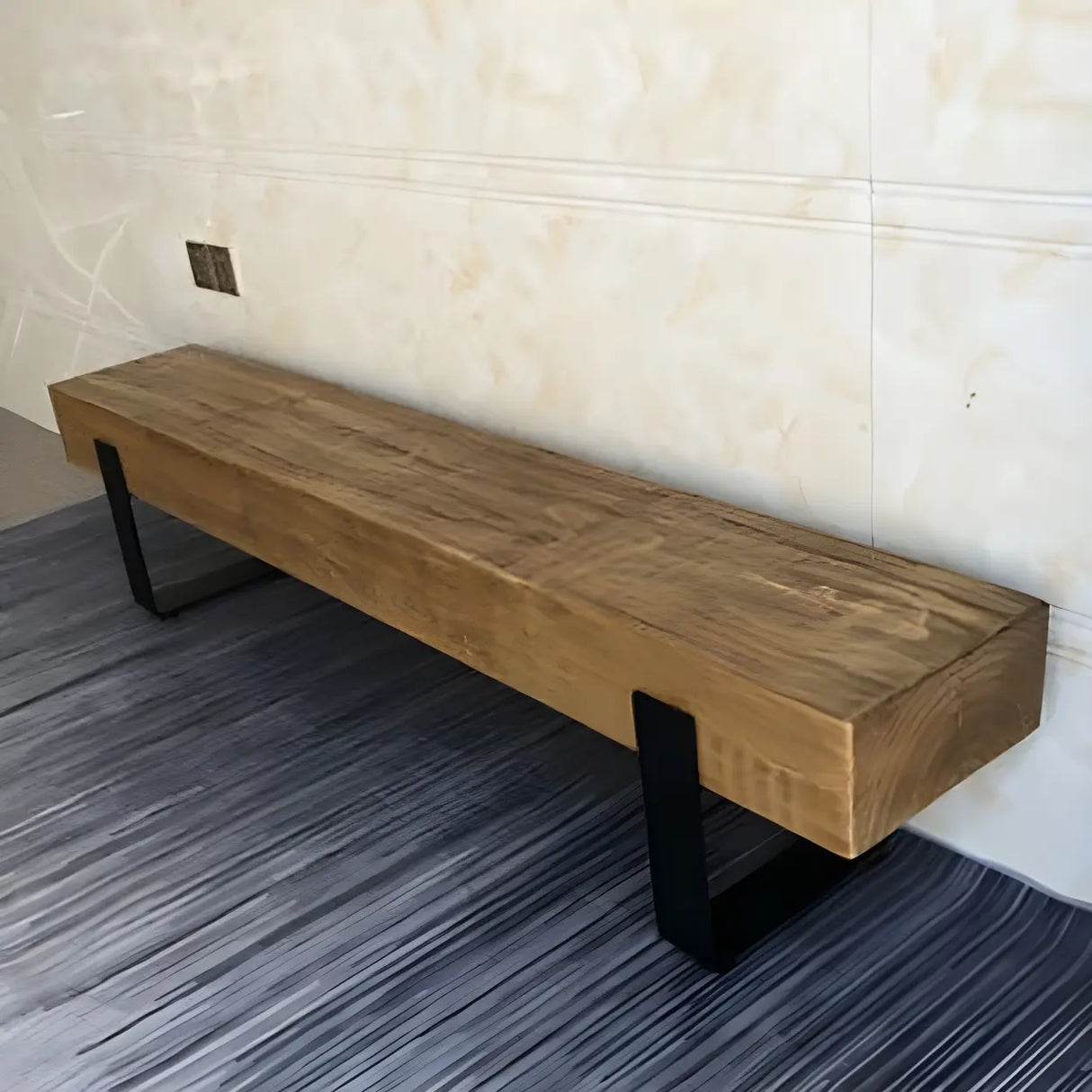 Short Height Pine Wood Dining Bench with Metal Legs Image - 15