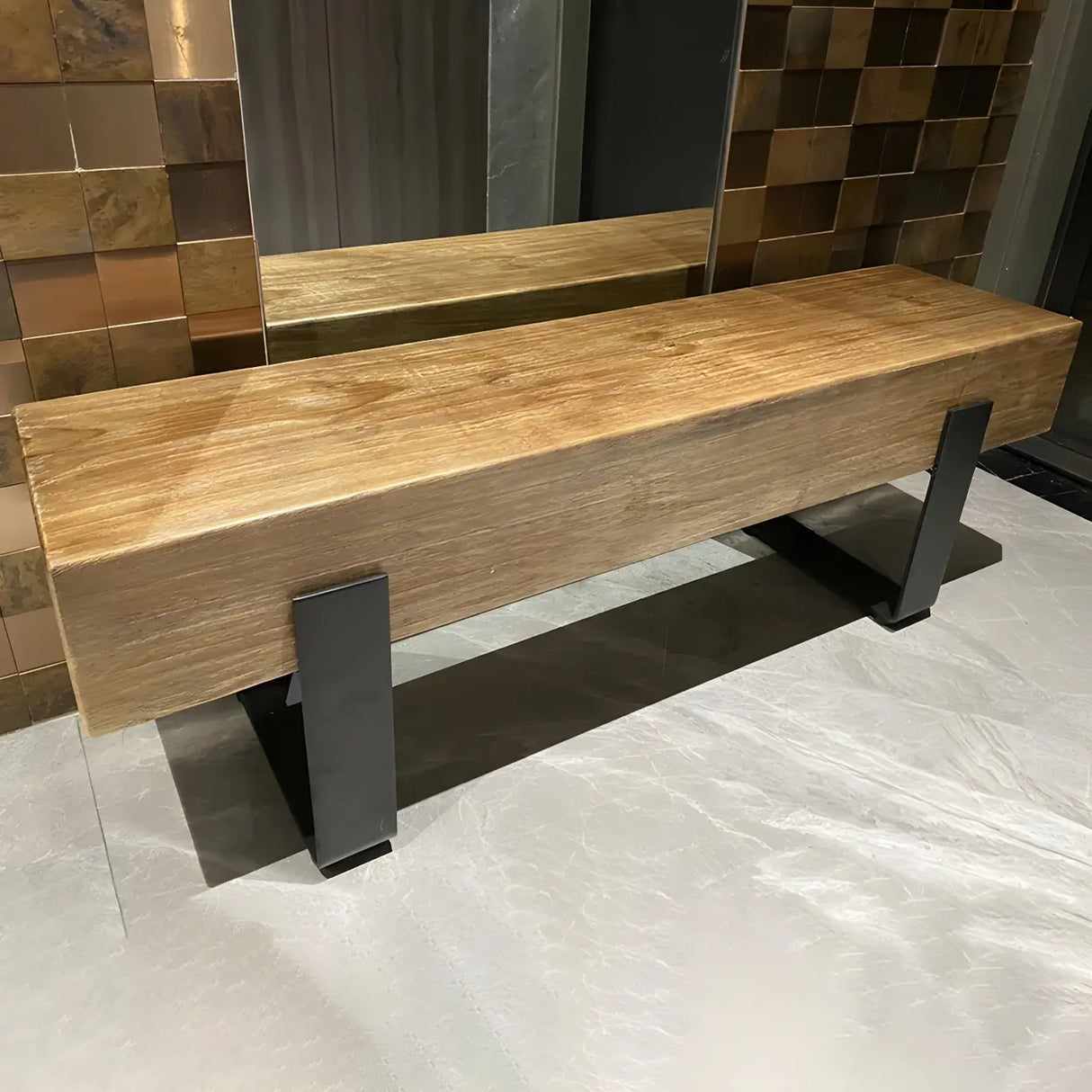 Short Height Pine Wood Dining Bench with Metal Legs Image - 2