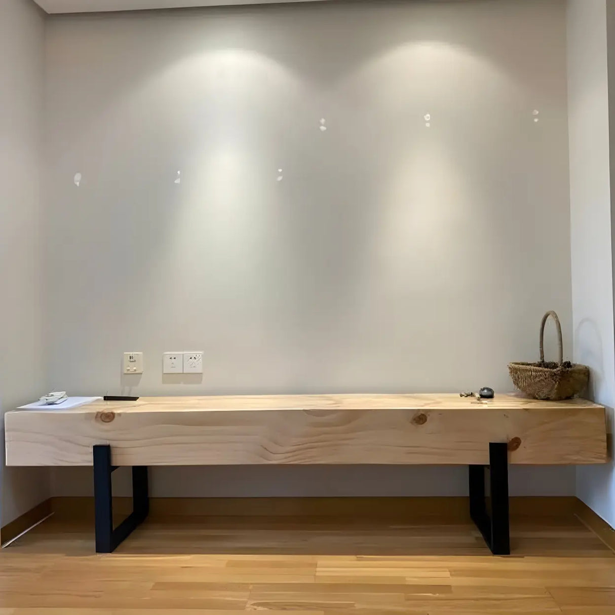 Short Height Pine Wood Dining Bench with Metal Legs Image - 3