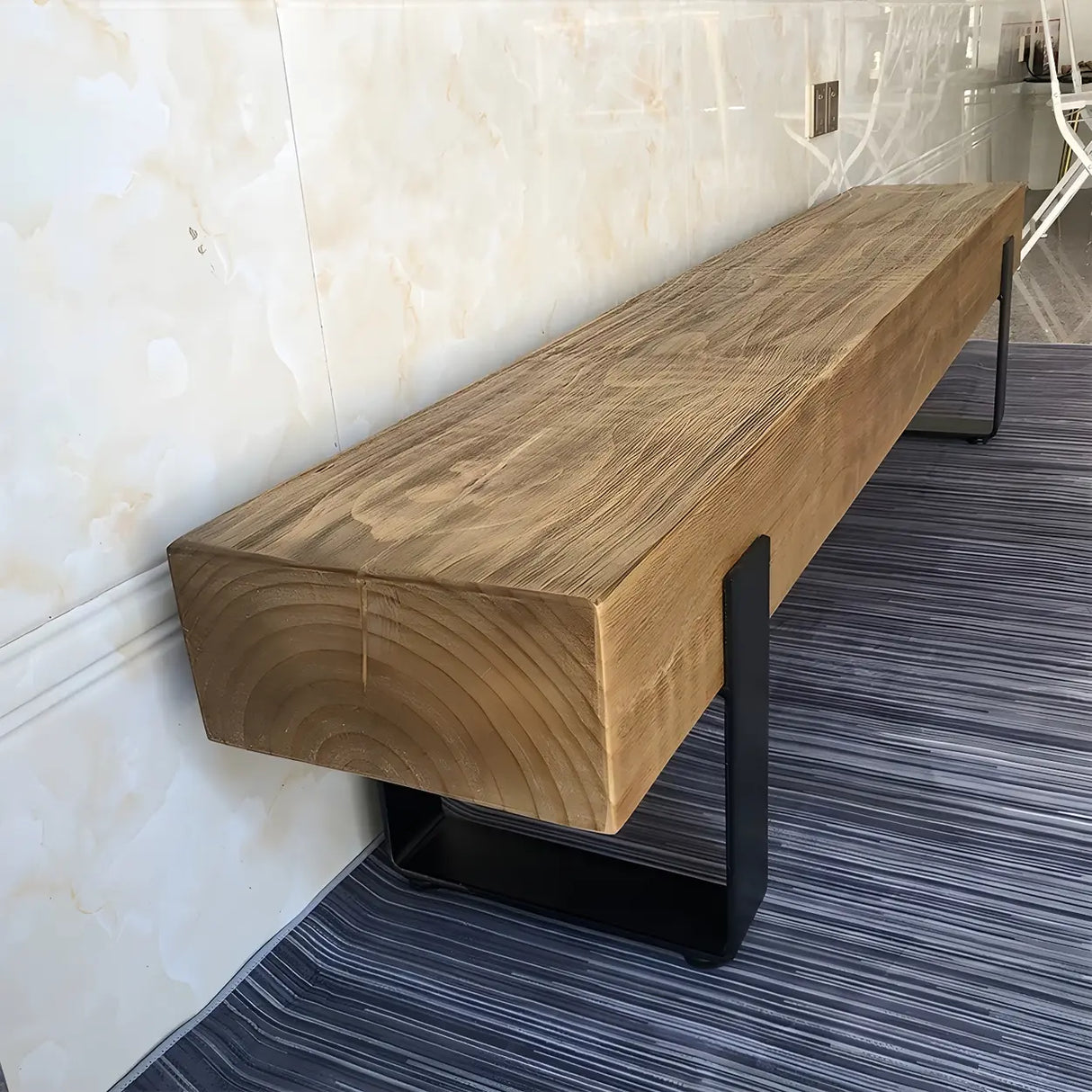 Short Height Pine Wood Dining Bench with Metal Legs Image - 4
