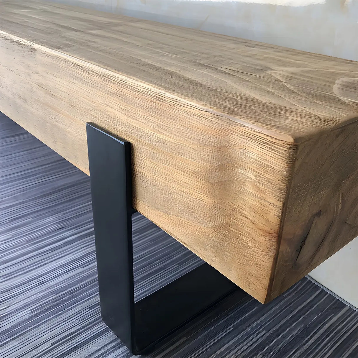 Short Height Pine Wood Dining Bench with Metal Legs Image - 6