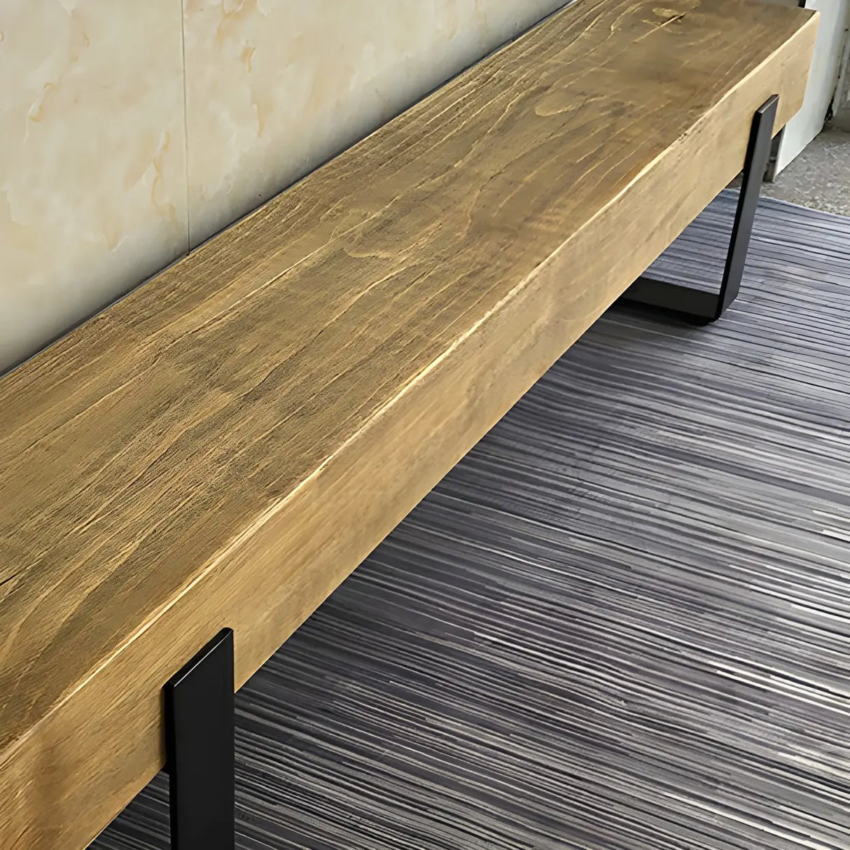 Short Height Pine Wood Dining Bench with Metal Legs Image - 9