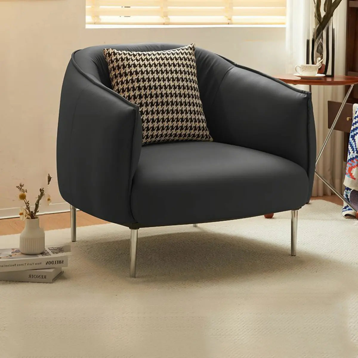 Silver Four Legs Leather Pillow Back Accent Chair Image - 18