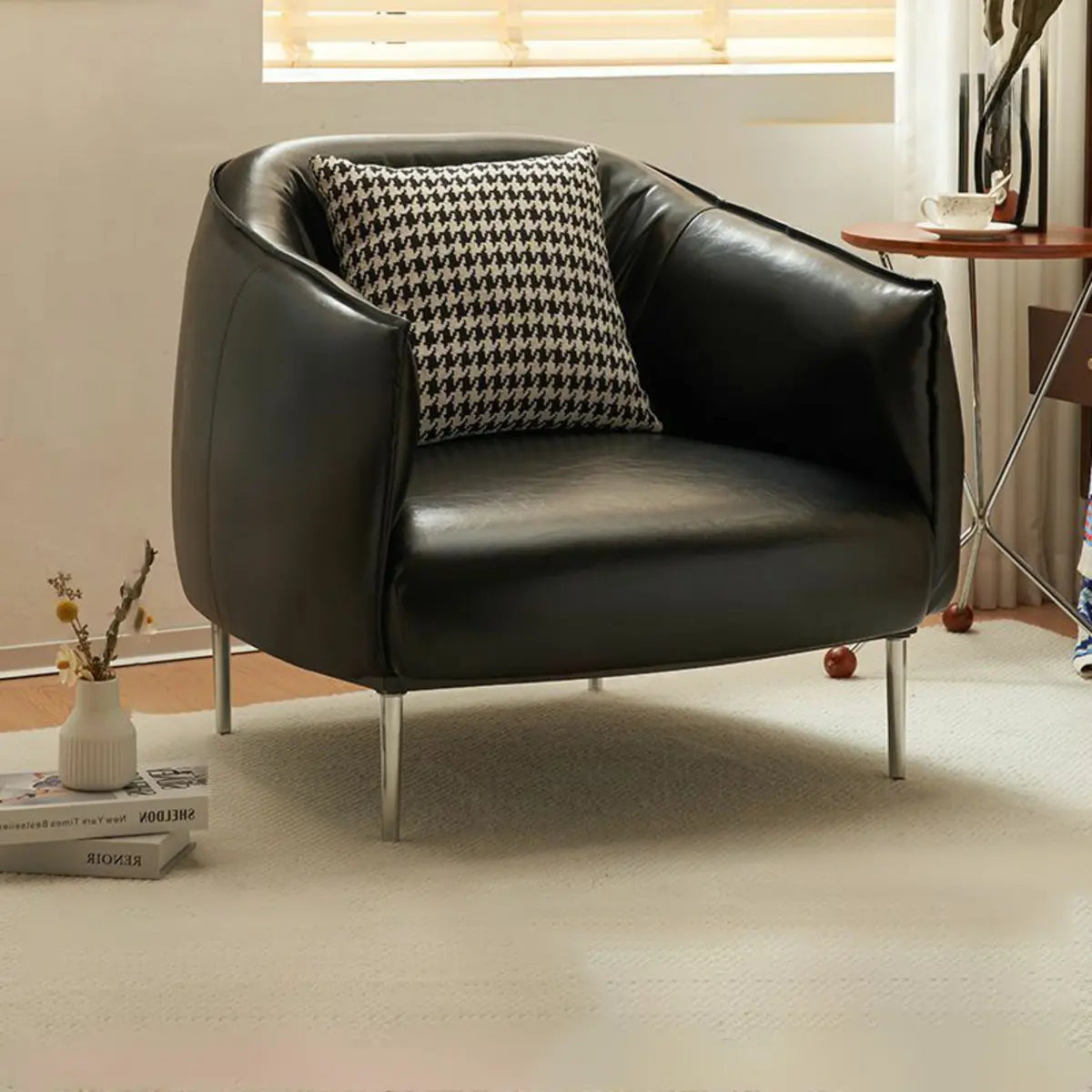 Silver Four Legs Leather Pillow Back Accent Chair Image - 20