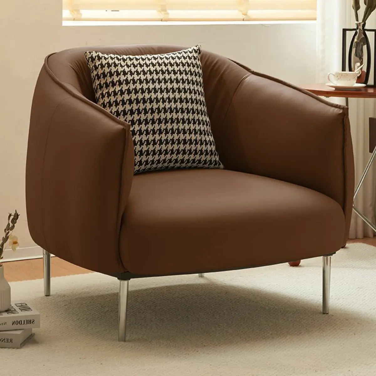 Silver Four Legs Leather Pillow Back Accent Chair Image - 23