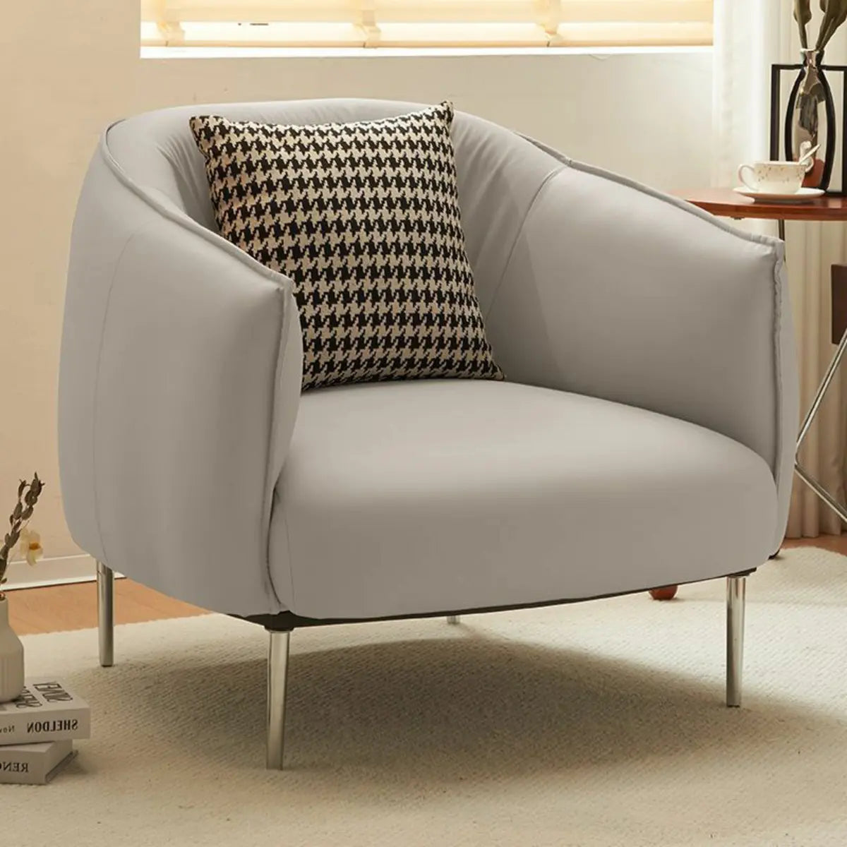 Silver Four Legs Leather Pillow Back Accent Chair Image - 24