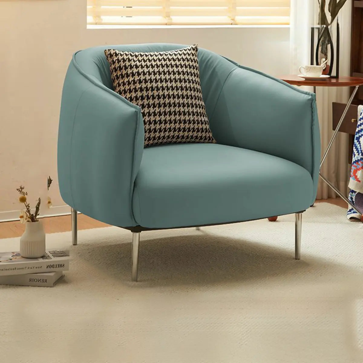 Silver Four Legs Leather Pillow Back Accent Chair Image - 26