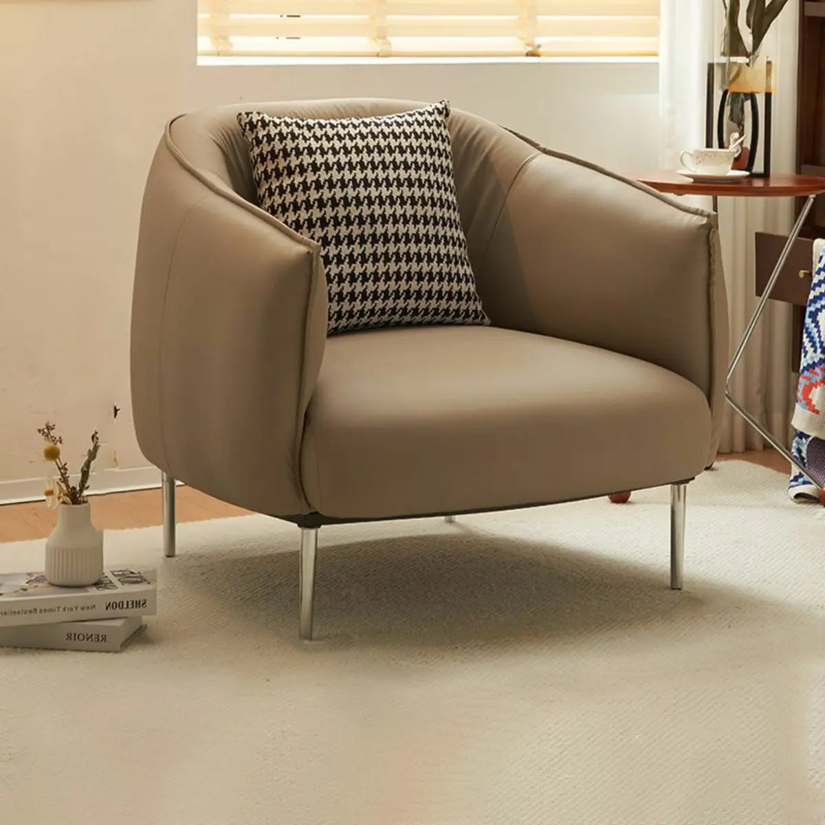 Silver Four Legs Leather Pillow Back Accent Chair Image - 29