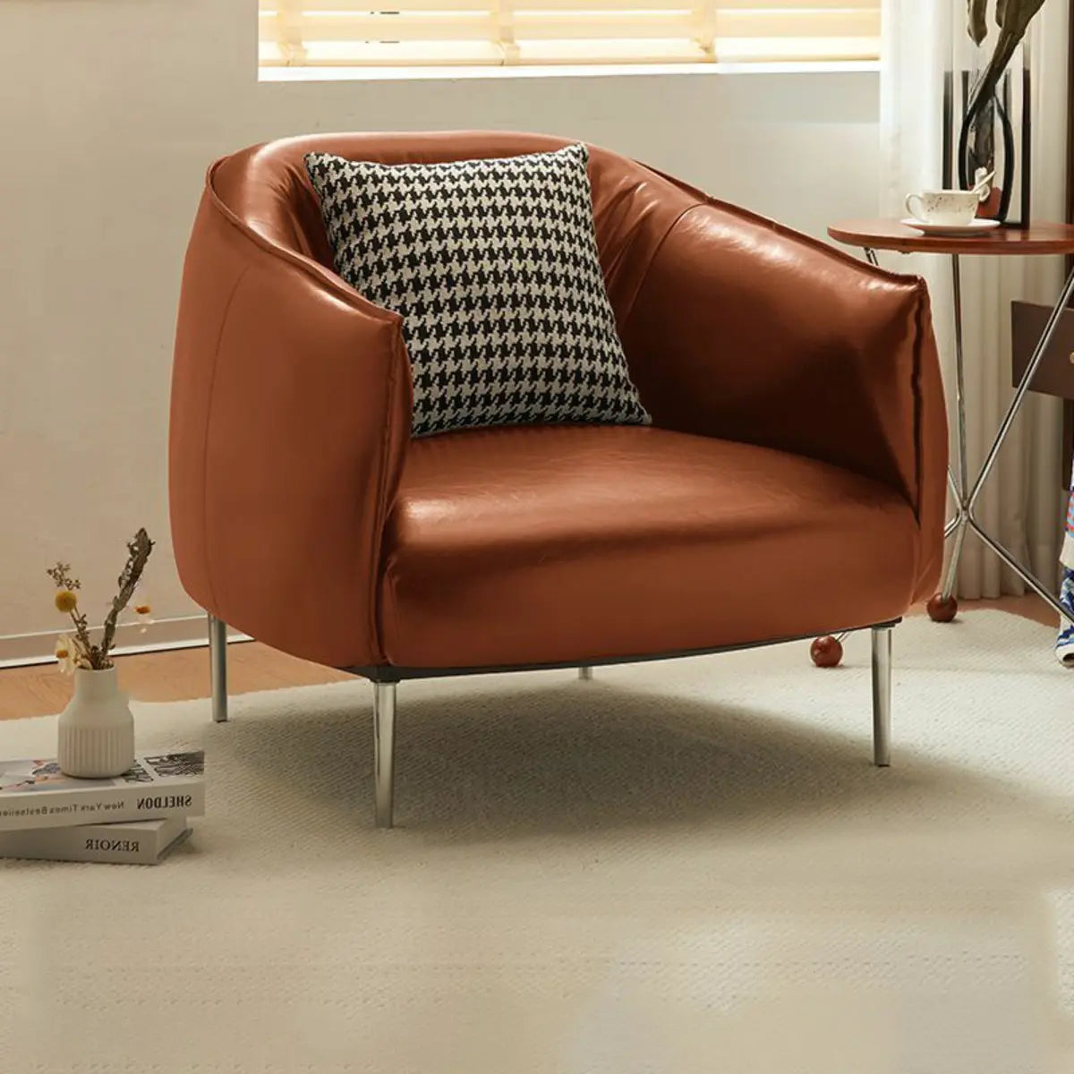 Silver Four Legs Leather Pillow Back Accent Chair Image - 5