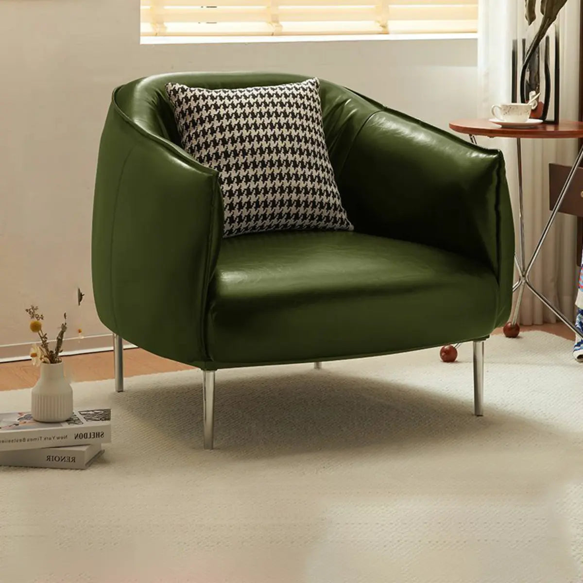 Silver Four Legs Leather Pillow Back Accent Chair Image - 7