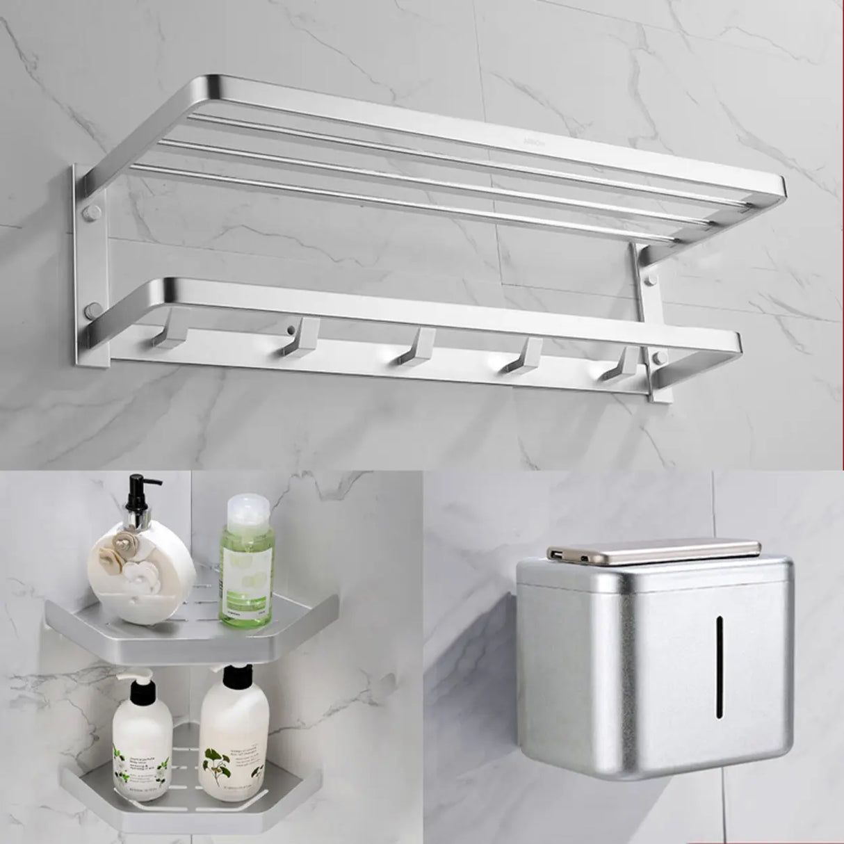 Silver Metal Shelf Bathroom Hardware Set with Hooks Image - 11