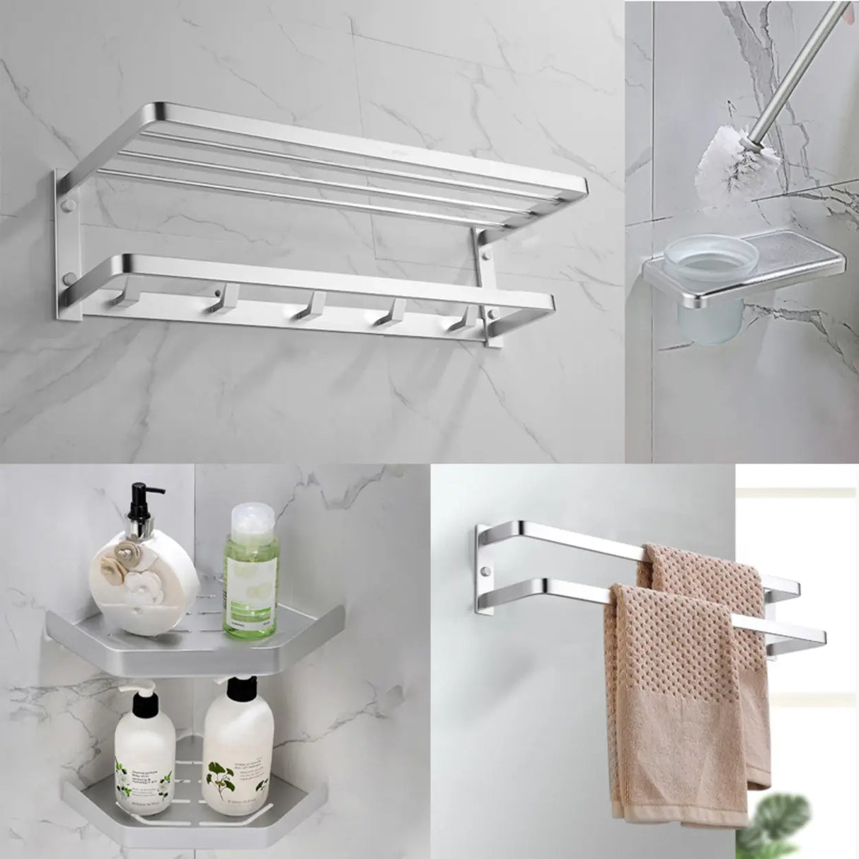 Silver Metal Shelf Bathroom Hardware Set with Hooks Image - 12