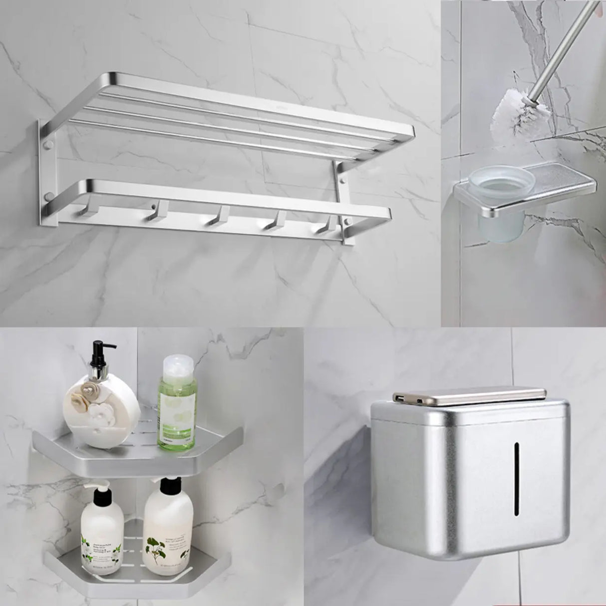 Silver Metal Shelf Bathroom Hardware Set with Hooks Image - 13