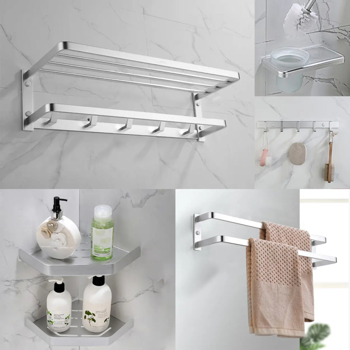 Silver Metal Shelf Bathroom Hardware Set with Hooks Image - 14