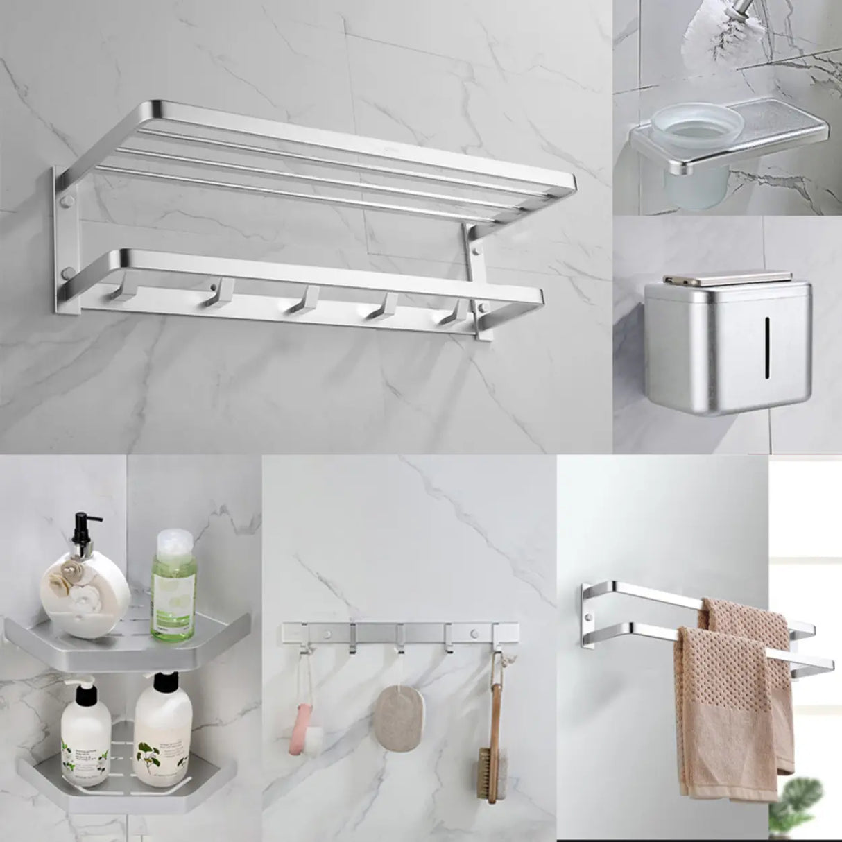 Silver Metal Shelf Bathroom Hardware Set with Hooks Image - 15