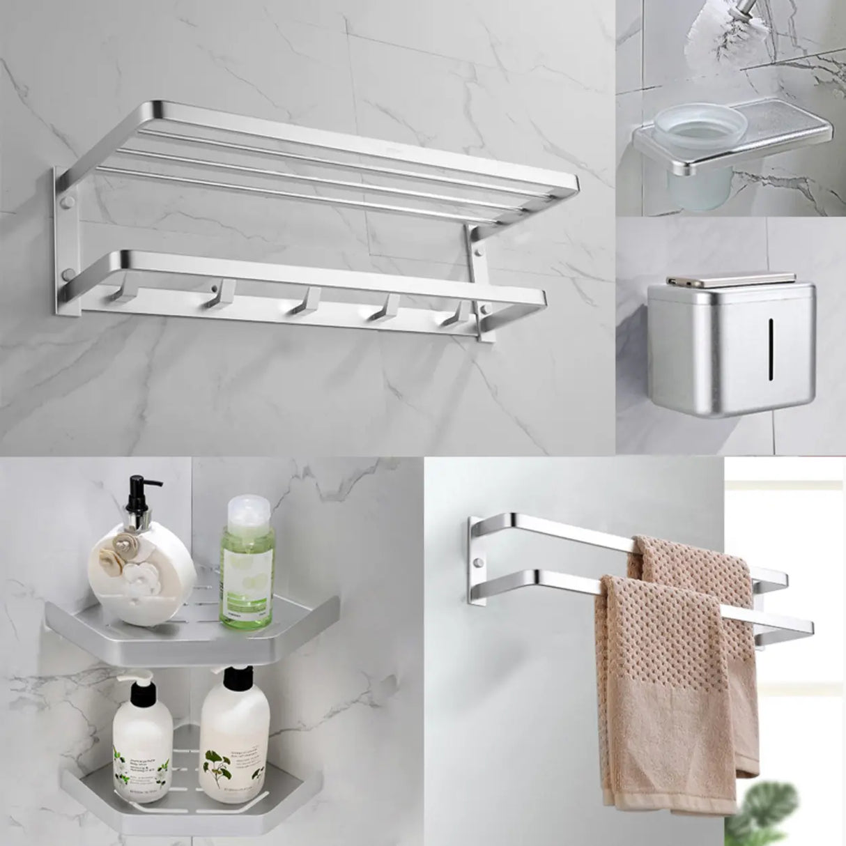 Silver Metal Shelf Bathroom Hardware Set with Hooks Image - 16