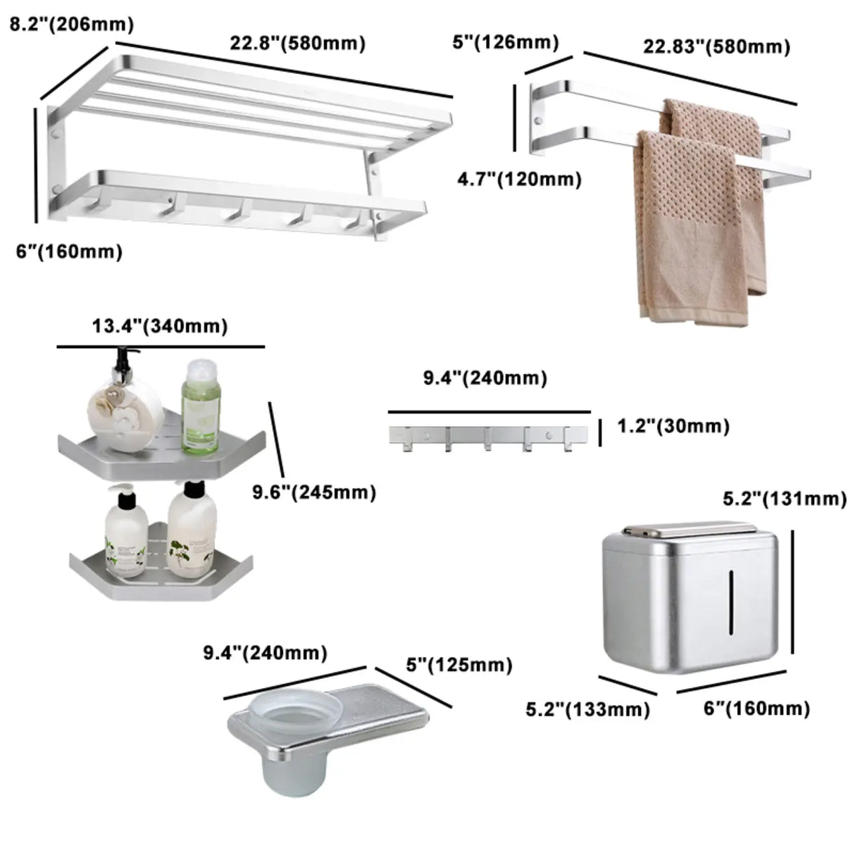 Silver Metal Shelf Bathroom Hardware Set with Hooks
