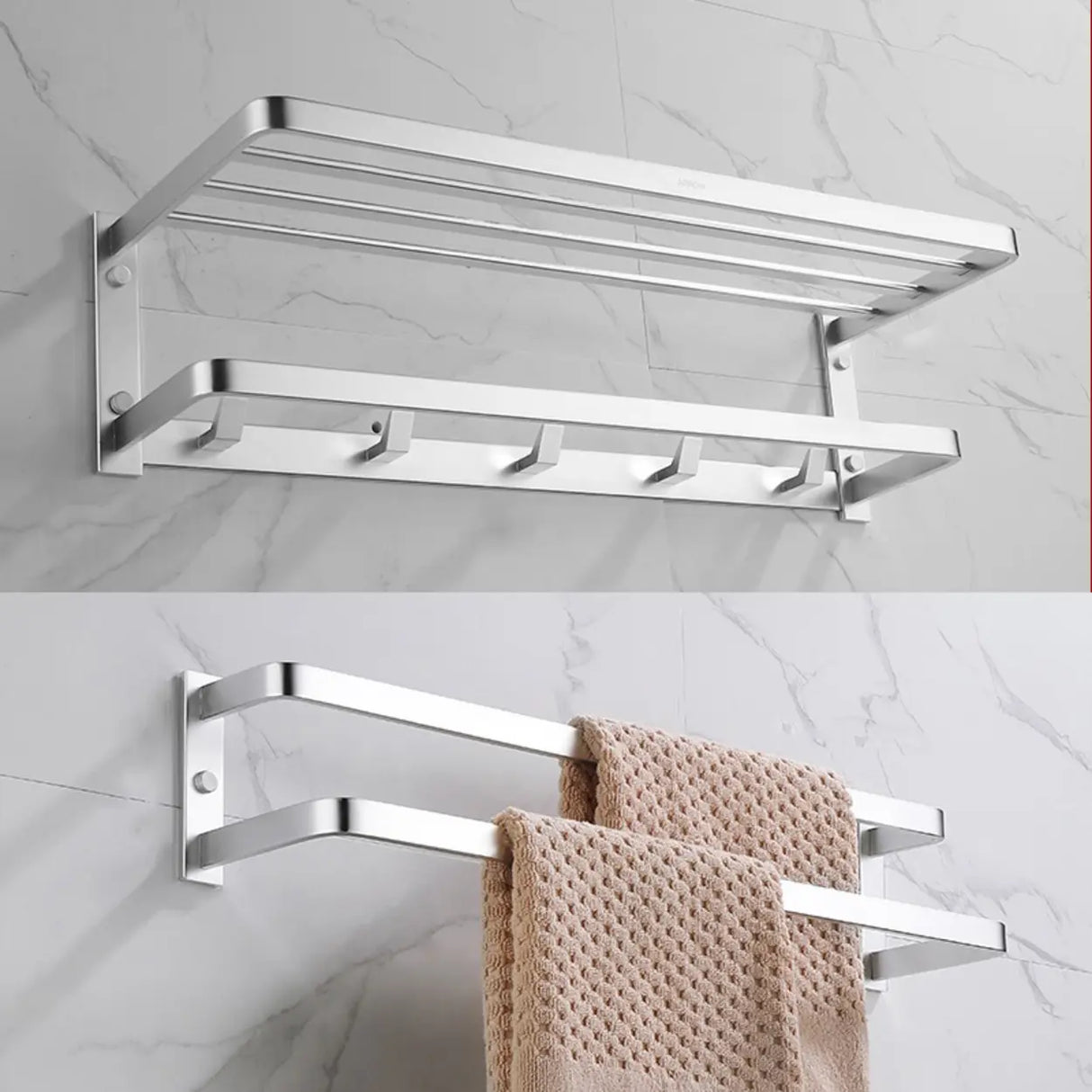 Silver Metal Shelf Bathroom Hardware Set with Hooks Image - 5