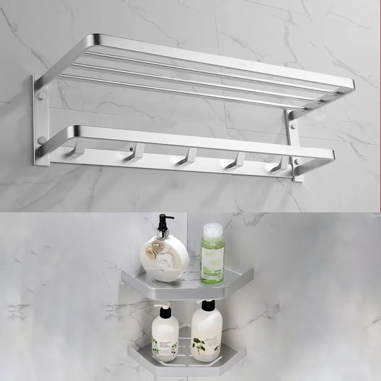Silver Metal Shelf Bathroom Hardware Set with Hooks Image - 7