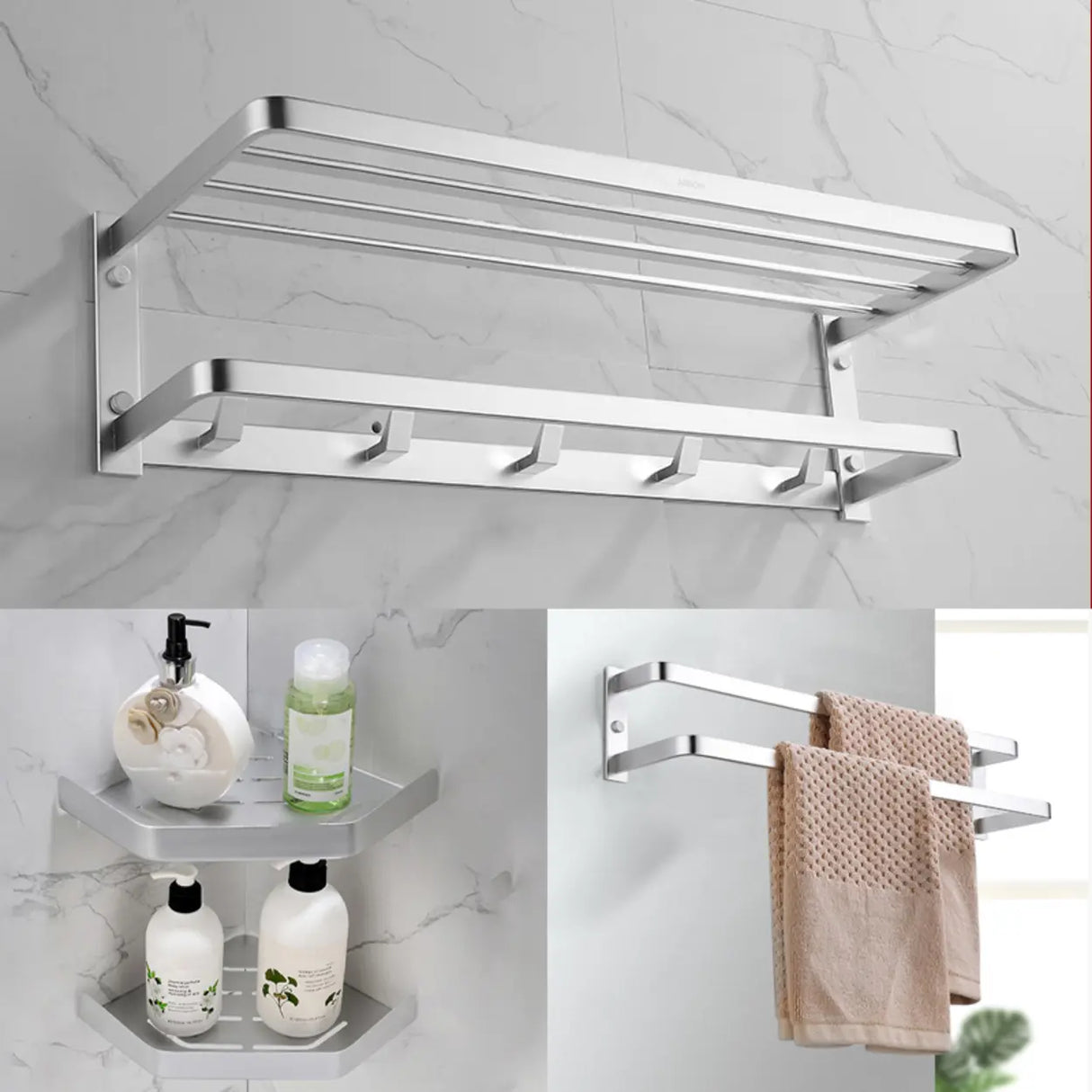 Silver Metal Shelf Bathroom Hardware Set with Hooks Image - 9