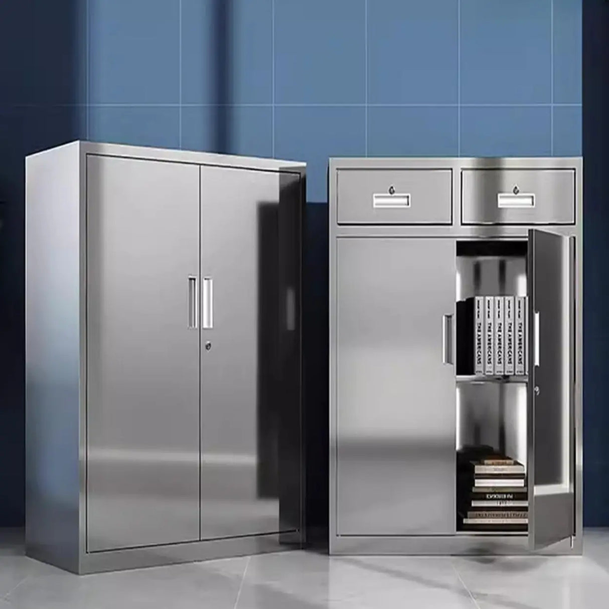 Silver Rectangle Stainless Steel Lockable Filing Cabinet Image - 1