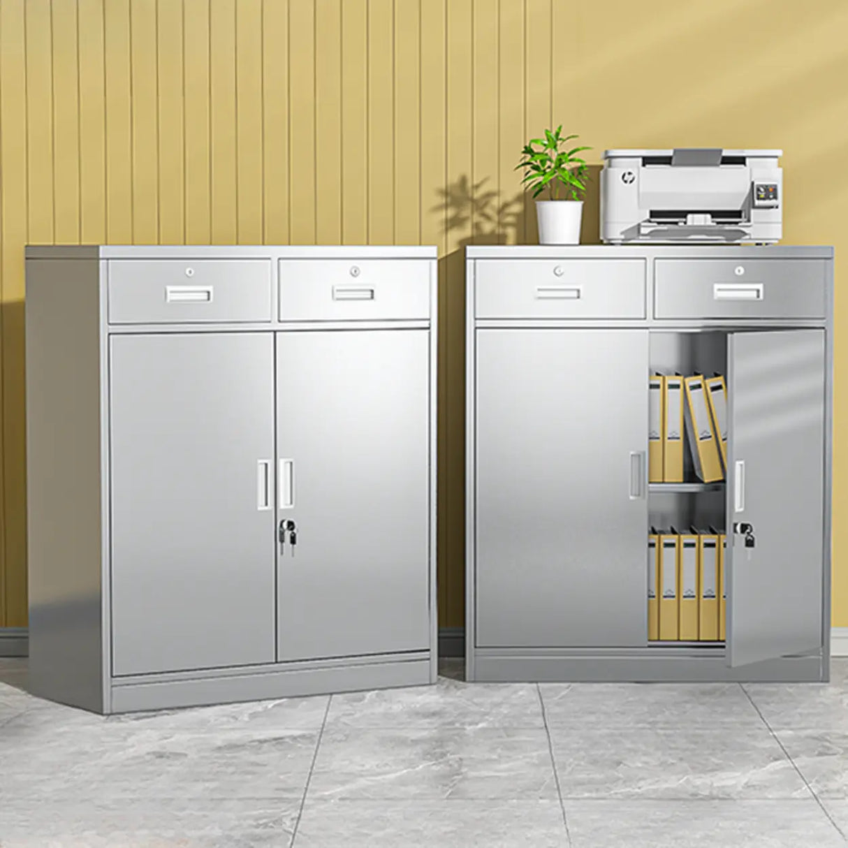 Silver Rectangle Stainless Steel Lockable Filing Cabinet Image - 2