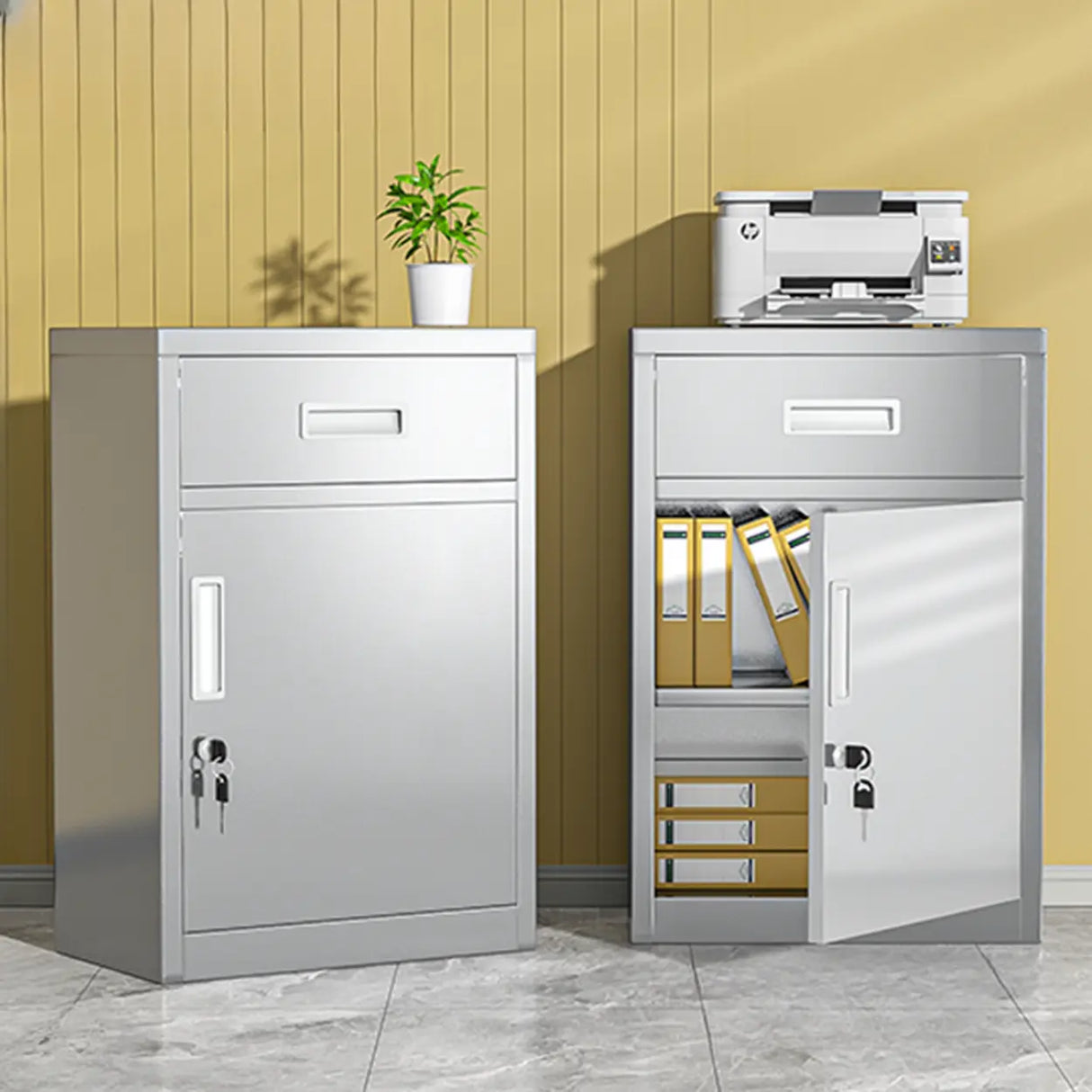 Silver Rectangle Stainless Steel Lockable Filing Cabinet Image - 3