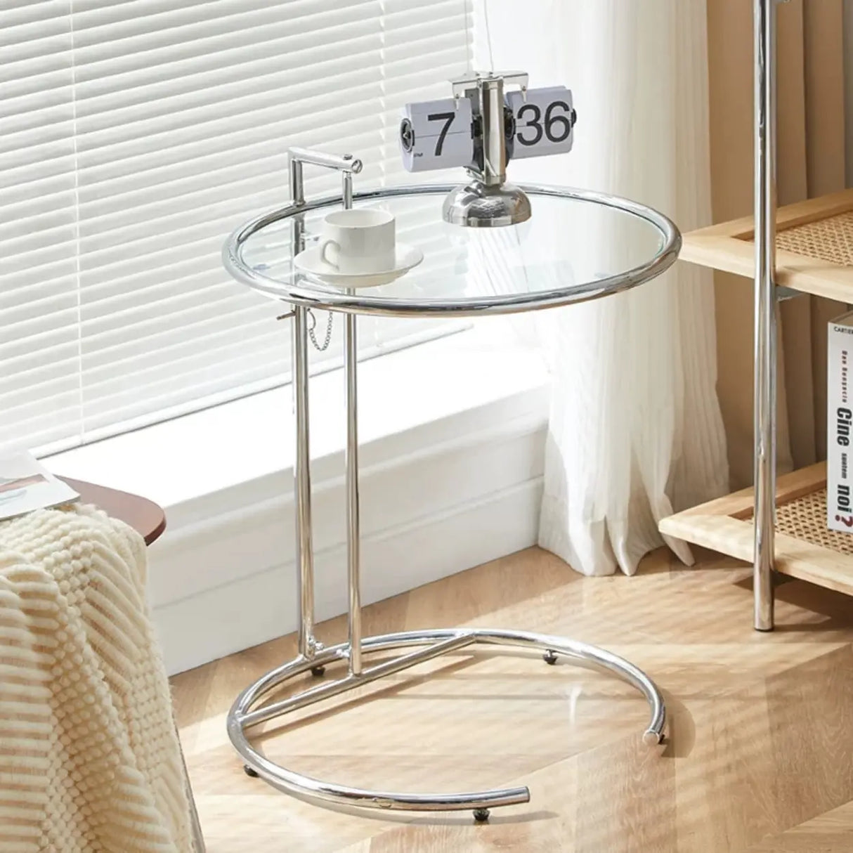 Silver Round Glass Adjustable Height C-Shaped End Table Image - 1