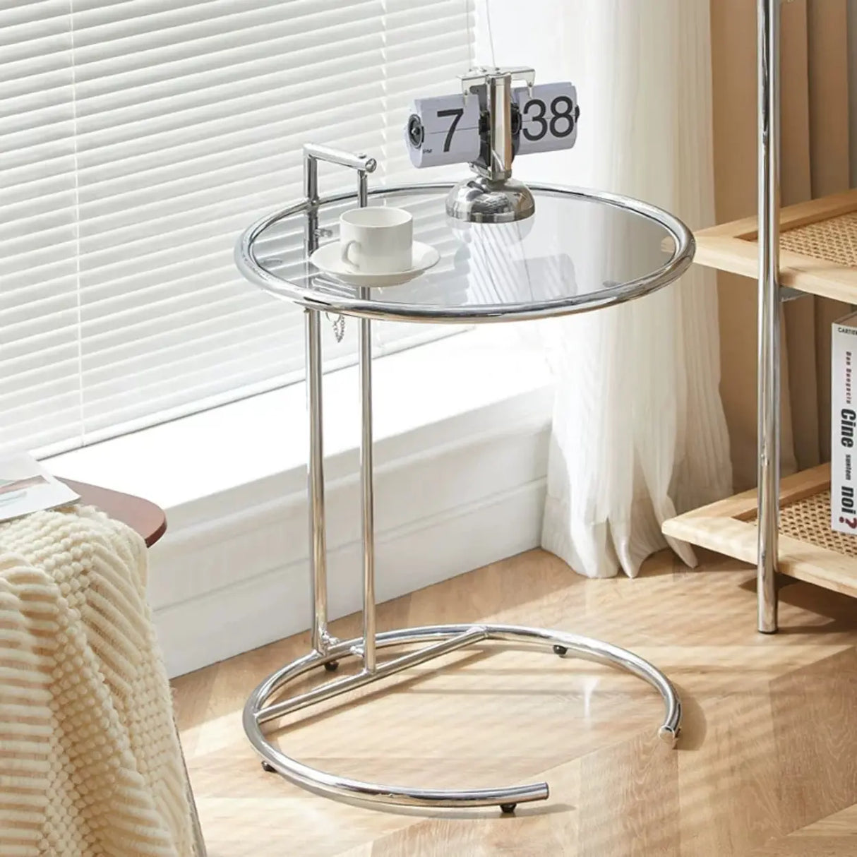 Silver Round Glass Adjustable Height C-Shaped End Table Image - 2