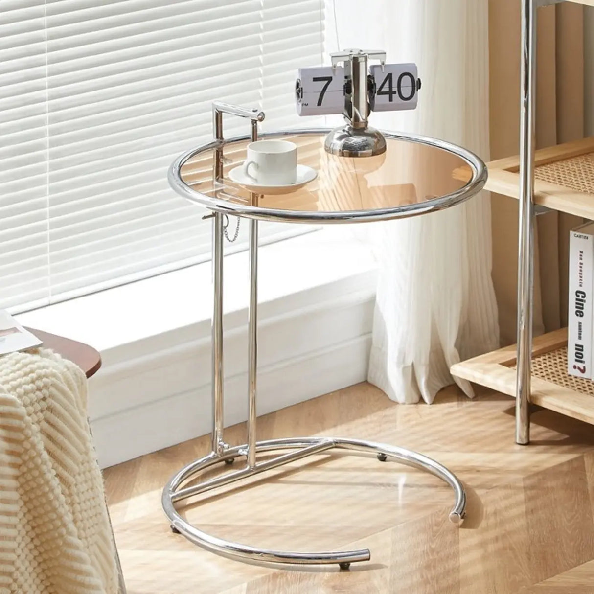 Silver Round Glass Adjustable Height C-Shaped End Table Image - 3