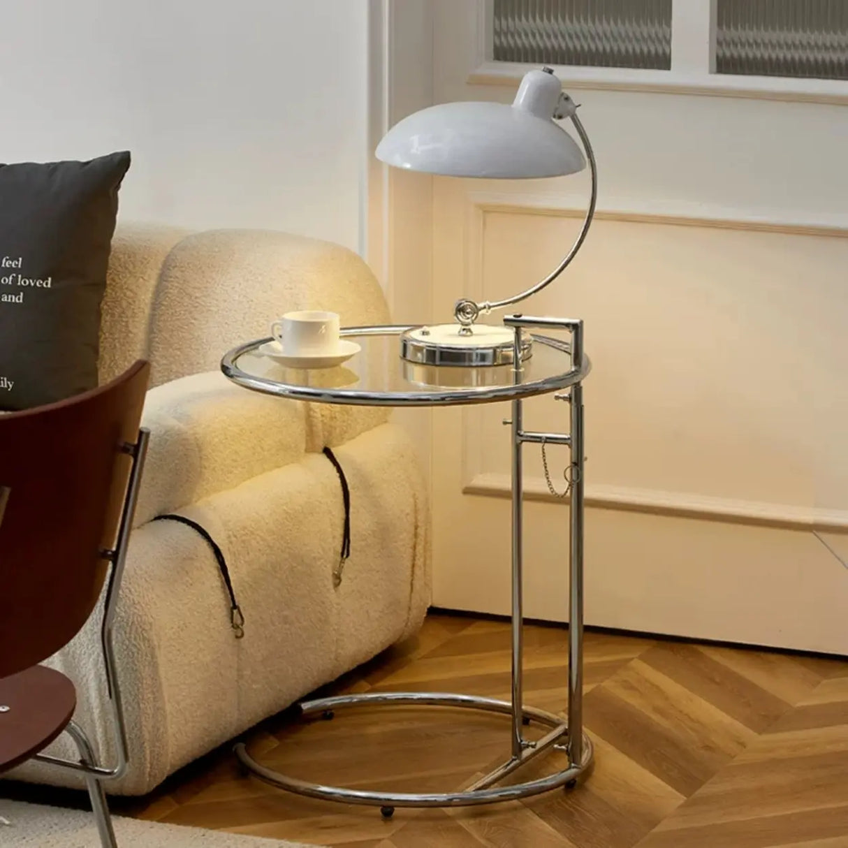 Silver Round Glass Adjustable Height C-Shaped End Table Image - 4