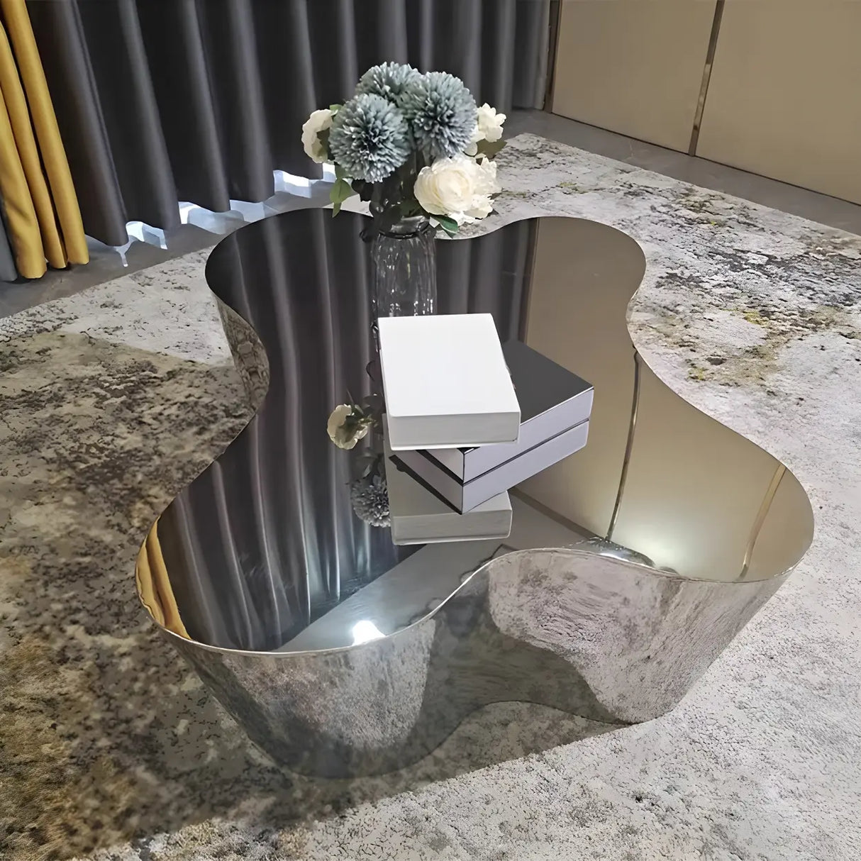 Silver Stainless Steel Free Form Abstract Coffee Table Image - 1