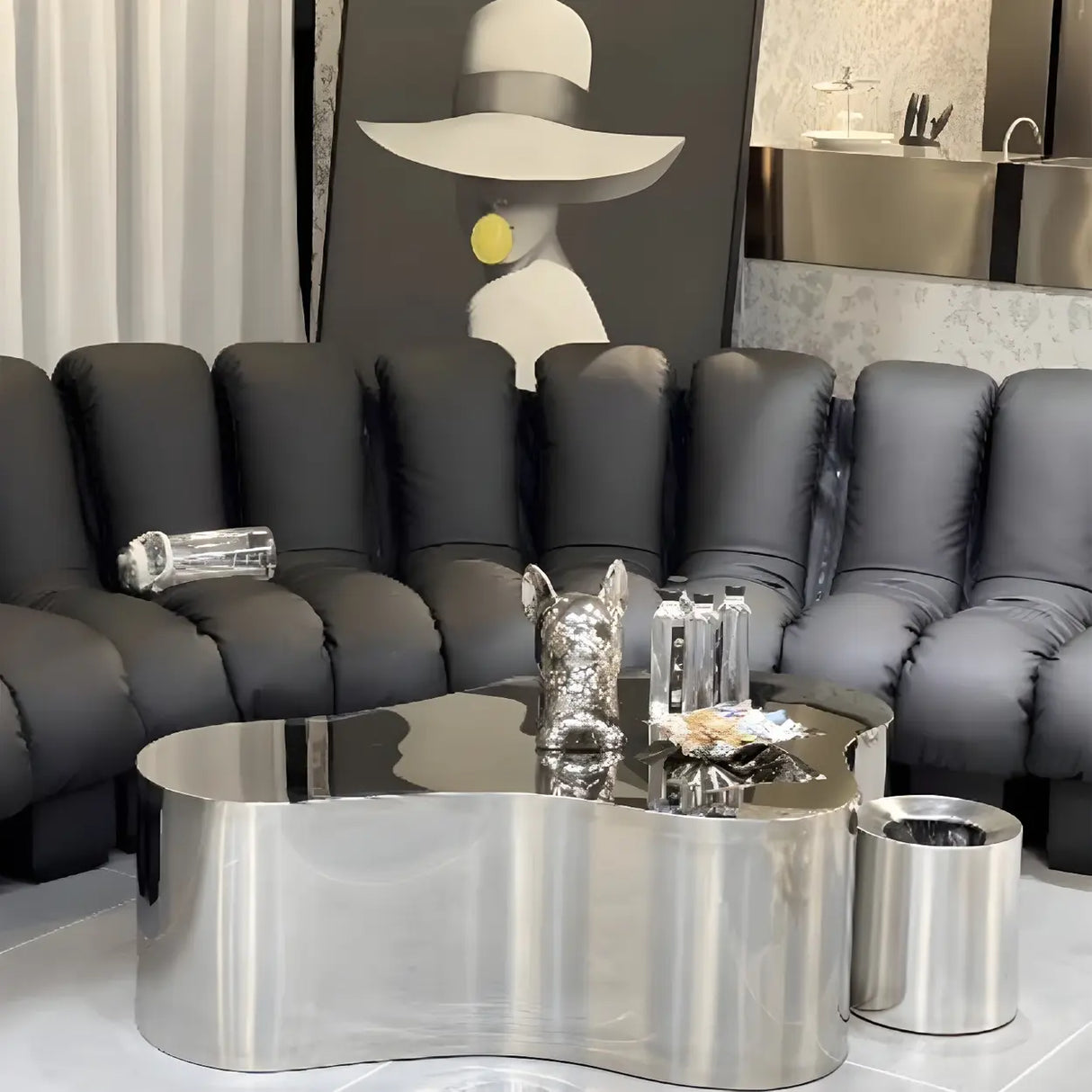 Silver Stainless Steel Free Form Abstract Coffee Table Image - 6