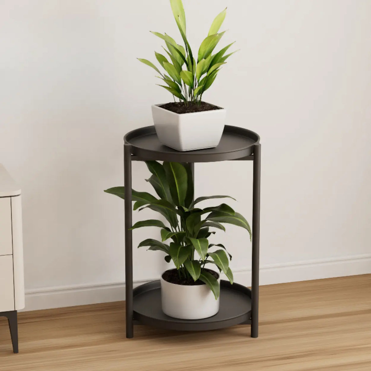 Simple 2-Tiers Round Floor Metal Base Plant Stand Black Image - 13