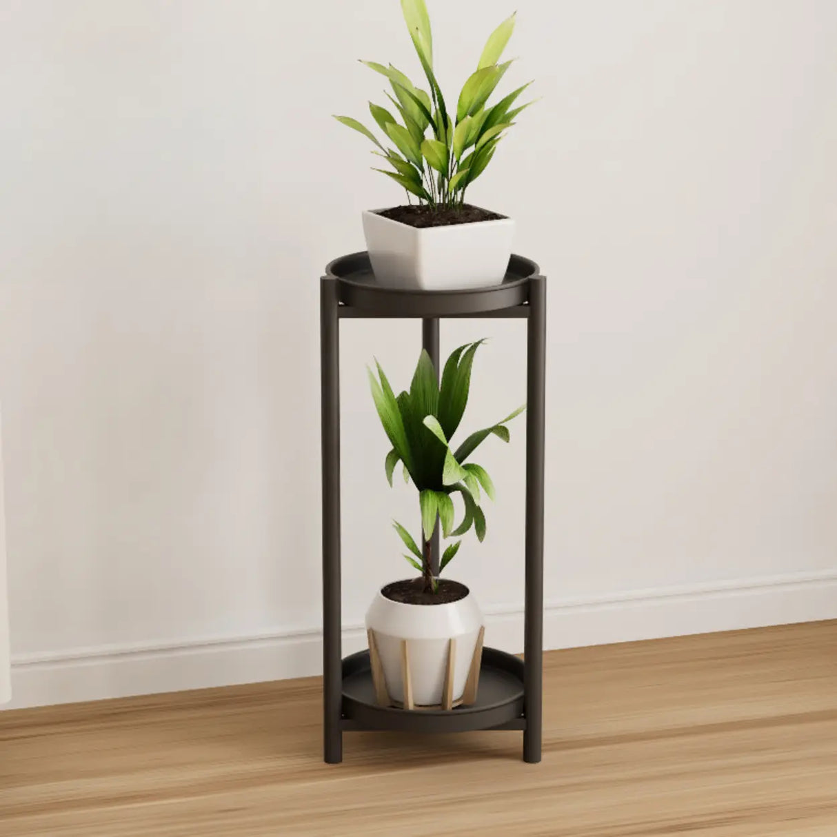 Simple 2-Tiers Round Floor Metal Base Plant Stand Black Image - 16